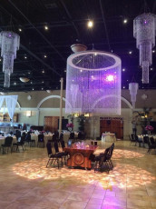 9' Round Single Tier Crystal Bead Chandelier, 4 Tier Round Crystal Bead Chandeliers, and Dance Floor GOBO Washes