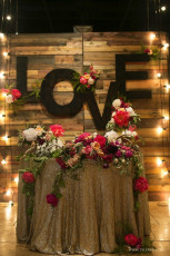Reclaimed Barn Wood Wall with Monogram Letters and Market Light Columns