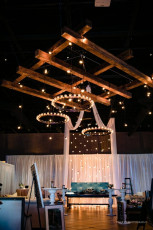Wooden Arbor, Market Lights, Market Light Columns, Candle Chandelier, Ceiling Swags, Drapery
