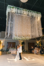 12'x12', 9'x9', 6'x6' Crystal Beaded Chandeliers with Floral Installation and Custom Monogram GOBO