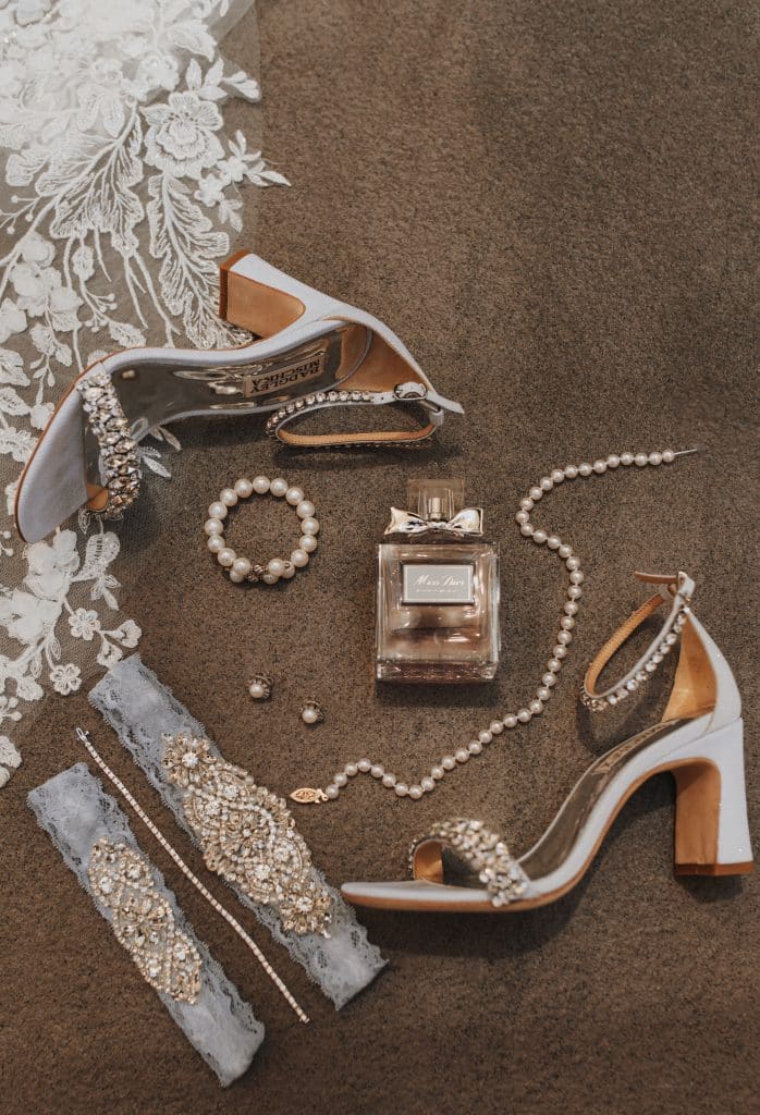 flat lay of bridal accessories 
