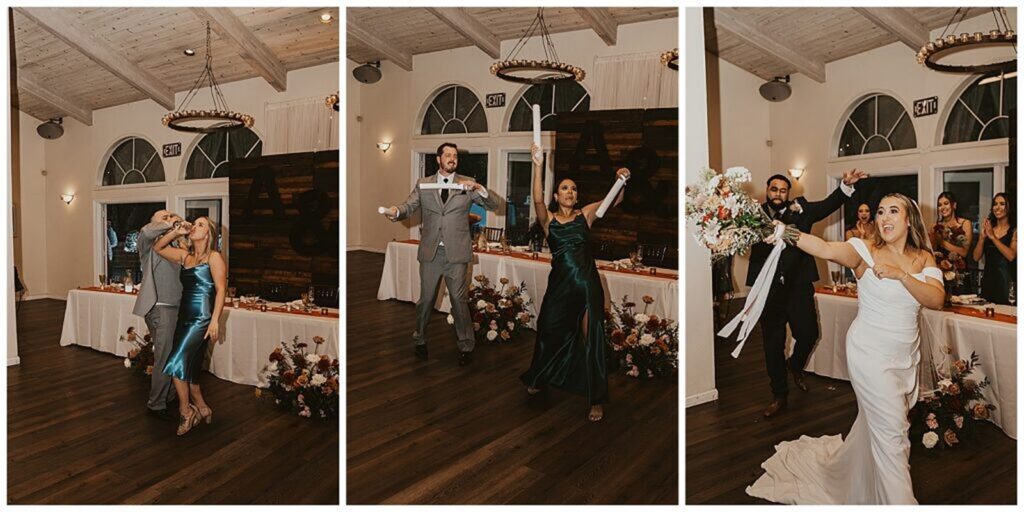wedding party and couple entering the reception